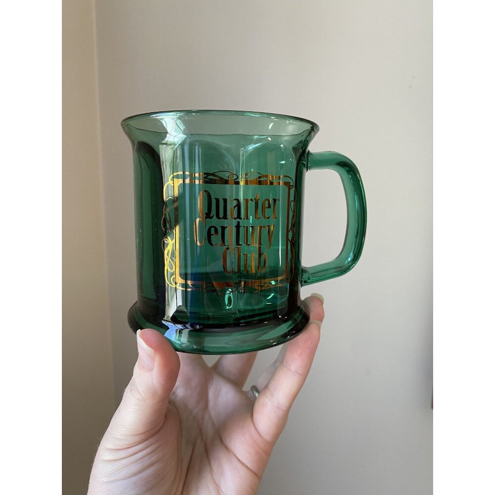Vintage Green Glass Mug "Quarter Century Club" Made In USA Collectible